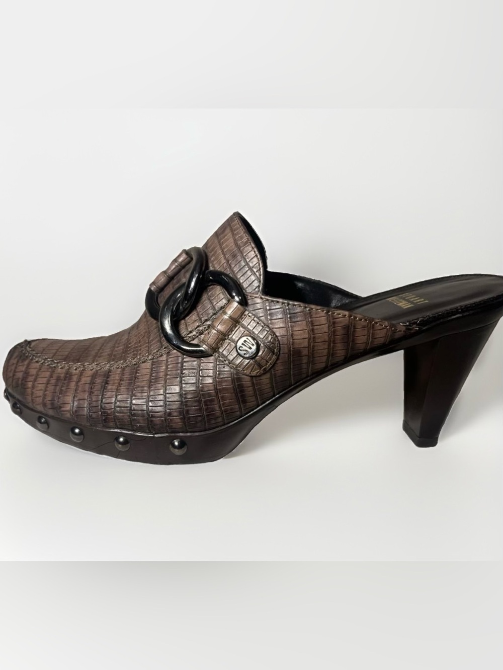Stuart Weitzman "BOWIE" Style | Brown Croc-Embossed Leather Mule Heels, Vintage